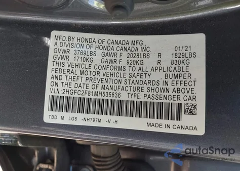 2021 Honda Civic Sport z USA, uszkodzony, nr VIN 2HGFC2F81MH535836